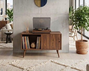 Large MDF Wood Record Player Stand | Mid-Century Modern Turntable Table | Vinyl Storage Rack | Modern Record Player Table