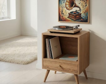 Soporte moderno para tocadiscos con almacenamiento, mueble para guardar vinilos, soporte para tocadiscos de pared o independiente, estante para discos de mediados de siglo.
