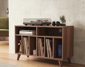 Mid Century Modern Turntable Stand, Handmade Vinyl Storage Cabinet, Retro LP Organizer for Cozy Listening Room & Audiophile Setup