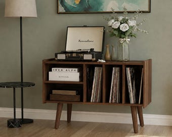 Handgefertigter Plattenspieler Ständer mit Aufbewahrung, MDF Holz Plattenspieler Tisch, Mid Century Custom Schallplattenschrank, Moderne Musik
