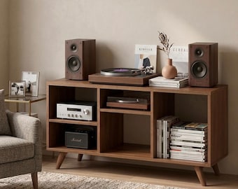 Mid Century Modern Turntable Stand with Vinyl Storage Record Cabinet Retro LP Shelf Wooden Gramophone Console Organizer Furniture