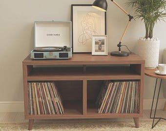 Mid Century Modern Record Player Stand, Walnut Vinyl Storage Cabinet