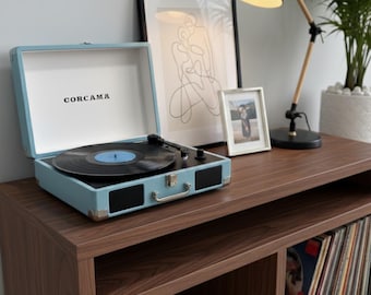 Suporte para toca-discos estilo moderno de meados do século XX, armário de armazenamento de vinil em nogueira
