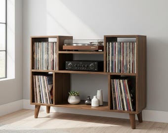 Handcrafted MDF Record Player Stand, Mid-Century Modern Vinyl Storage Cabinet