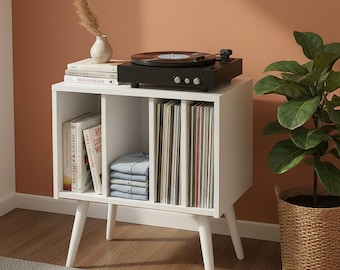 Mid Century Record Player Cabinet – Handmade Wood Vinyl Stand with Storage – Modern Custom Turntable Table