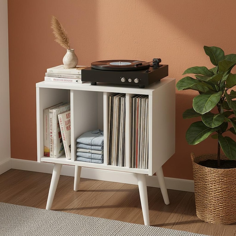 May include: A white wooden storage cabinet with four open compartments, supported by four tapered legs. The top surface holds a black record player, a small white vase with a dried plant, and stacked books. Vinyl records and folded shirts are stored inside.