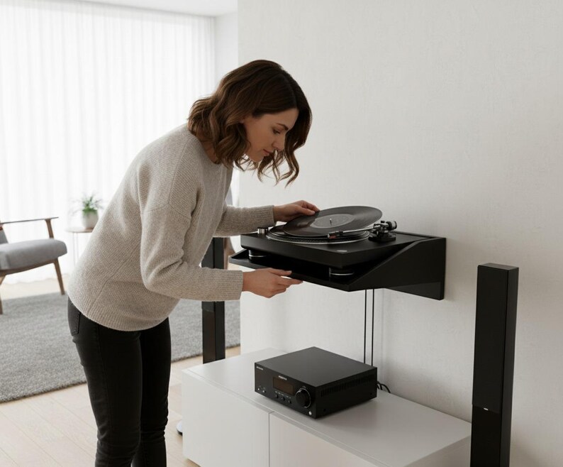K&ouml;nnte beinhalten: Ein schwarzer Plattenspieler an einem Wandregal, mit einer Schallplatte auf dem Teller. Darunter steht ein schwarzer Stereo-Receiver auf einem wei&szlig;en Schrank. Eine Frau legt eine Schallplatte auf den Plattenspieler.