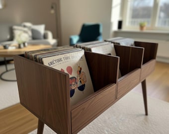 Mid Century Record Player Stand with Vinyl Storage – Handmade MDF Turntable Cabinet – Modern Media Console -