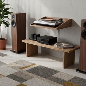 K&ouml;nnte beinhalten: Ein modernes Home-Entertainment-System mit zwei hohen, braunen Lautsprechern, die eine Holzbank flankieren. Ein Plattenspieler befindet sich auf einem schwebenden Regal &uuml;ber der Bank, mit einem schwarzen Verst&auml;rker und Empf&auml;nger. Ein gemusterter Teppich und eine Topfpflanze erg&auml;nzen die Szene.