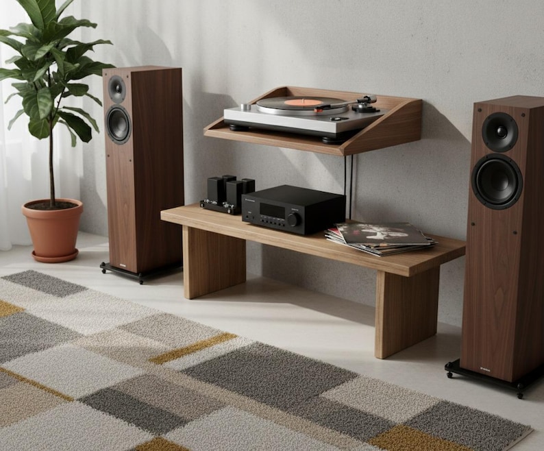 K&ouml;nnte beinhalten: Ein modernes Home-Entertainment-System mit zwei hohen, braunen Lautsprechern, die eine Holzbank flankieren. Ein Plattenspieler befindet sich auf einem schwebenden Regal &uuml;ber der Bank, mit einem schwarzen Verst&auml;rker und Empf&auml;nger. Ein gemusterter Teppich und eine Topfpflanze erg&auml;nzen die Szene.