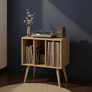 Mid Century Record Player Stand, Vinyl Storage Cabinet, Turntable Stand with Storage, Retro MDF Wooden Record Holder - Space Saving Shelf image 5