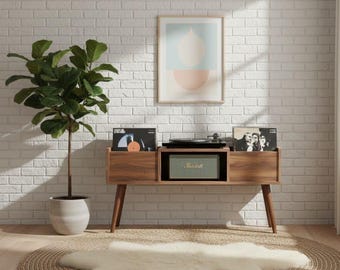 Mid Century Record Player Cabinet – Handmade Wood Vinyl Stand with Storage – Modern Custom Turntable Table -