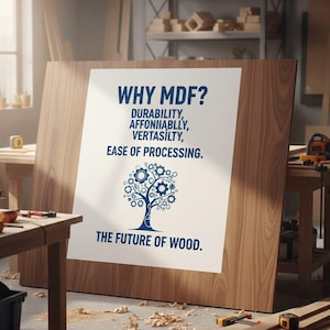 May include: A large rectangular wooden board featuring a white center panel with blue text that reads WHY MDF? DURABILITY, AFFONIIABLLY, VERTASILTY, EASE OF PROCESSING. THE FUTURE OF WOOD. Below the text is a blue graphic of a tree with gears.