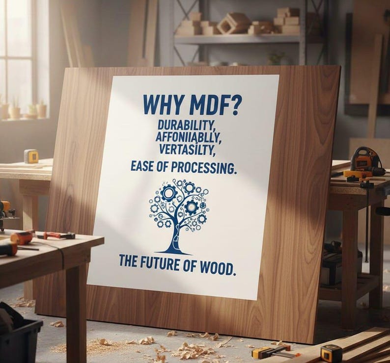 May include: A large rectangular wooden board featuring a white center panel with blue text that reads WHY MDF? DURABILITY, AFFONIIABLLY, VERTASILTY, EASE OF PROCESSING. THE FUTURE OF WOOD. Below the text is a blue graphic of a tree with gears.