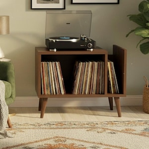 Tocadiscos moderno de MDF con almacenamiento de vinilos: consola de tocadiscos hecha a mano, mueble multimedia grande