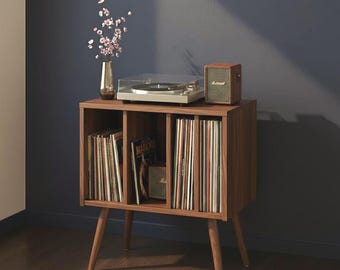 Mid Century Record Player Stand, Vinyl Storage Cabinet, Turntable Stand with Storage, Retro MDF Wooden Record Holder - Space Saving Shelf