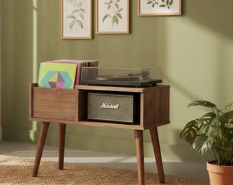 Handmade Turntable Stand with Storage,  Wood Record Player Table, Mid Century Custom Vinyl Cabinet, Modern Music Furni -