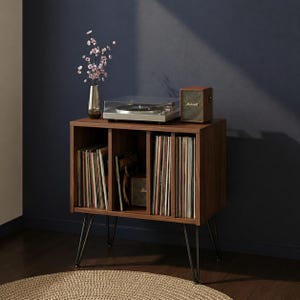 Mid Century Record Player Stand, Vinyl Storage Cabinet, Turntable Stand with Storage, Retro MDF Wooden Record Holder - Space Saving Shelf image 3