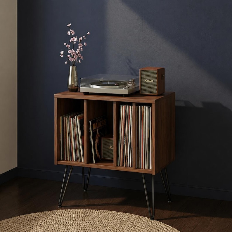 Mid Century Record Player Stand, Vinyl Storage Cabinet, Turntable Stand with Storage, Retro MDF Wooden Record Holder - Space Saving Shelf image 3