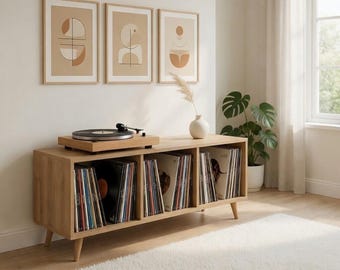 Mid Century Record Player Stand with Vinyl Storage | Modern Record Cabinet | Retro Turntable Table |
