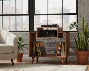 Handmade Turntable Stand with Storage, Mdf Wood Record Player Table, Mid Century Custom Vinyl Cabinet,  -