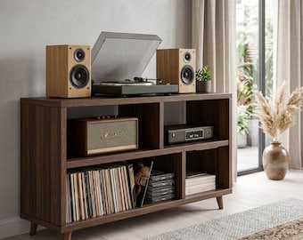 Nowoczesna szafka na płyty winylowe, stojak na płyty winylowe, stojak na gramofon, konsola multimedialna z połowy XX wieku, szafka na płyty winylowe, szafka stereo, stojak pod telewizor