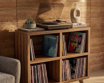 Handcrafted Mid-Century Modern Record Player Stand with Vinyl Storage