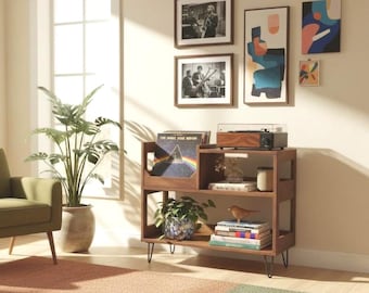 Modern Vinyl Record Cabinet – Handmade Turntable Stand with Storage – Retro Wood Media Console  Living Room -