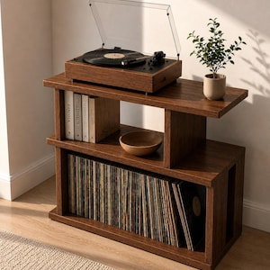 Puede incluir: Un mueble tocadiscos de madera marrón oscuro con un tocadiscos, una pequeña planta en maceta y un cuenco de madera. El mueble tiene estantes para discos de vinilo y libros. El tocadiscos tiene una cubierta transparente.