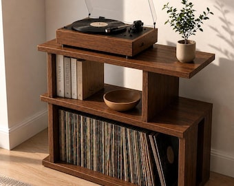 Modern Turntable Stand & Vinyl Record Storage Cabinet | Mid Century LP Shelf for Music Studio | Wooden Record Player Stand