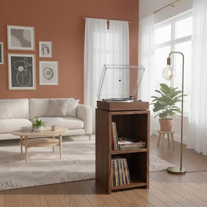 Puede incluir: Un mueble de madera para tocadiscos con un tocadiscos y una cubierta transparente. El mueble tiene dos estantes llenos de discos de vinilo. La habitación cuenta con un sofá blanco, arte abstracto y una lámpara de pie.