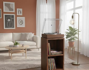 Travertine Design Record Stand – Vinyl Storage Cabinet with Turntable Top, Handmade Mid Century Furniture -