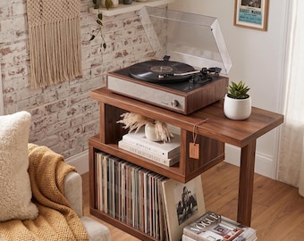Moderne platenspelerstandaard en opbergkast voor vinylplaten | Halverwege de eeuw LP-plank voor muziekstudio | Houten platenspelerstandaard
