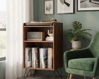 Modern Vinyl Record Cabinet – Handmade Turntable Stand with Storage – Retro Wood Media Console Living Room -