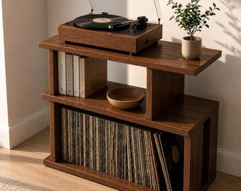 Soporte moderno para tocadiscos y mueble para guardar discos de vinilo / Estantería para discos de vinilo de mediados de siglo para estudio de música / Soporte de madera para tocadiscos