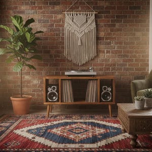 May include: A wooden record player console with a turntable, speakers, and vinyl records. The console has angled legs and is set against a brick wall. A macrame wall hanging and patterned rug add to the room's aesthetic.