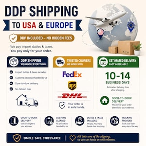 May include: An infographic detailing DDP shipping to the USA and Europe, featuring a globe, airplane, and cardboard boxes. It lists benefits like import duties included, trusted couriers like FedEx, UPS, and DHL, and a 10-14 business day delivery window.