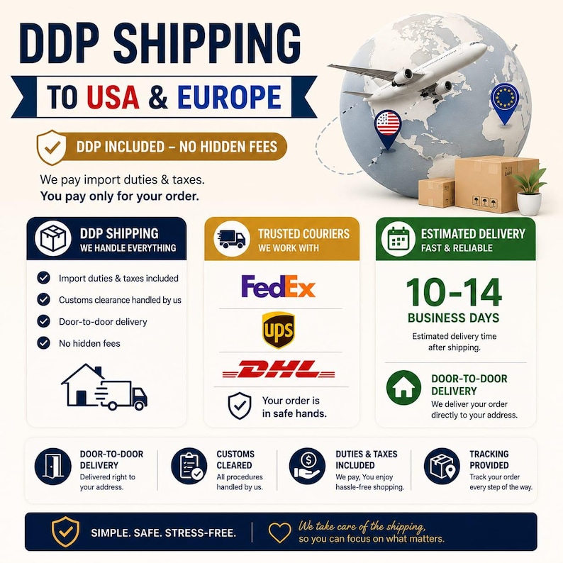 May include: An infographic detailing DDP shipping to the USA and Europe, featuring a globe, airplane, and cardboard boxes. It lists benefits like import duties included, trusted couriers like FedEx, UPS, and DHL, and a 10-14 business day delivery window.