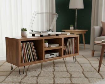 Record Player Stand with Vinyl Storage, Turntable Table Media Console, LP Cabinet, Retro Music Furniture,