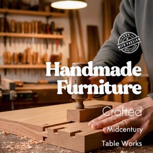 K&ouml;nnte beinhalten: Ein Handwerker arbeitet an einem Holztisch. Der Text "Handmade Furniture" ist deutlich sichtbar. Das Bild enth&auml;lt auch den Text "Crafted Midcentury Table Works" und ein Logo "100% with passion".