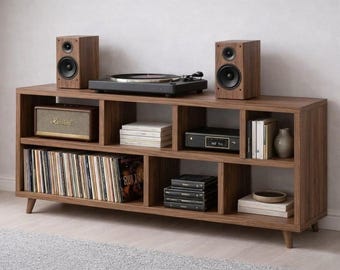 Mid Century Modern Turntable Stand with Vinyl Storage Record Cabinet Retro LP Shelf Wooden Gramophone Console Organizer Furniture