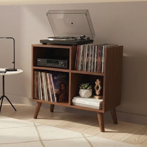 Soporte artesanal de MDF para discos de vinilo, consola para tocadiscos de mediados de siglo, mueble para guardar LP, mueble moderno de MDF para tocadiscos, estante retro para vinilos