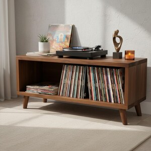 Mid Century Record Player Stand with Vinyl Storage | Modern Record Cabinet | Retro Turntable Table |
