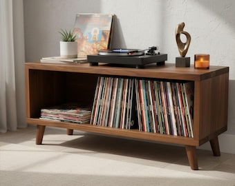Mid Century Record Player Stand with Vinyl Storage | Modern Record Cabinet | Retro Turntable Table |