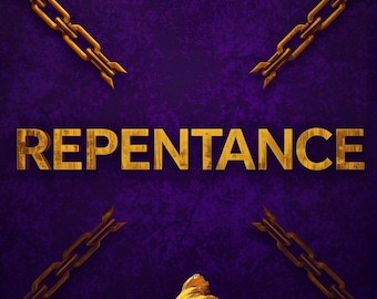 Puede incluir: Una portada de diario con las palabras "On the Narrow Road" y "Repentance" en letras doradas. Cadenas doradas están en cada esquina. Una flor amarilla está en la parte inferior. El texto "A 30 Day journal for repentance" está en la parte inferior.