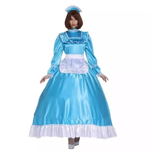 Sissy Blue Sexy Maid High Neck Cosplay Robe Dress Satin Halloween Lockable Customized