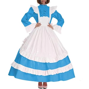 Lolita Cross Dressing Sissy Maid Long Dress Outfits Lockable Vinyl PVC Leather Maxi Maid Uniform Party Halloween Cosplay Costume
