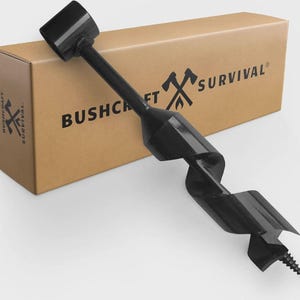 May include: A black auger drill bit with a spiral design, resting in front of a brown cardboard box. The box has the words "Bushcraft Survival" printed on it in black. The drill bit is designed for woodworking and outdoor survival.