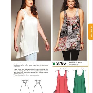 May include: A sewing pattern for misses' tunics, style 3795, featuring two sleeveless designs. One tunic is solid white with side patch pockets and drawstrings, while the other is a multi-patterned floral and animal print sleeveless tunic.