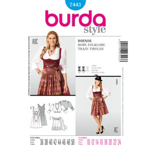 May include: A Burda Style sewing pattern envelope for a dirndl, labeled 7443. The cover features two photographs of a dirndl with a dark red bodice, white blouse, and patterned skirt, alongside technical line drawings of the dress, blouse, and apron.